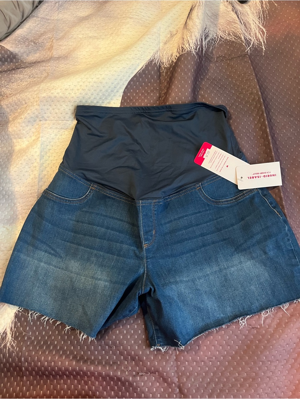 Ingrid & Isabel Dark Blue Denim Maternity Shorts with Black Stretch Panel